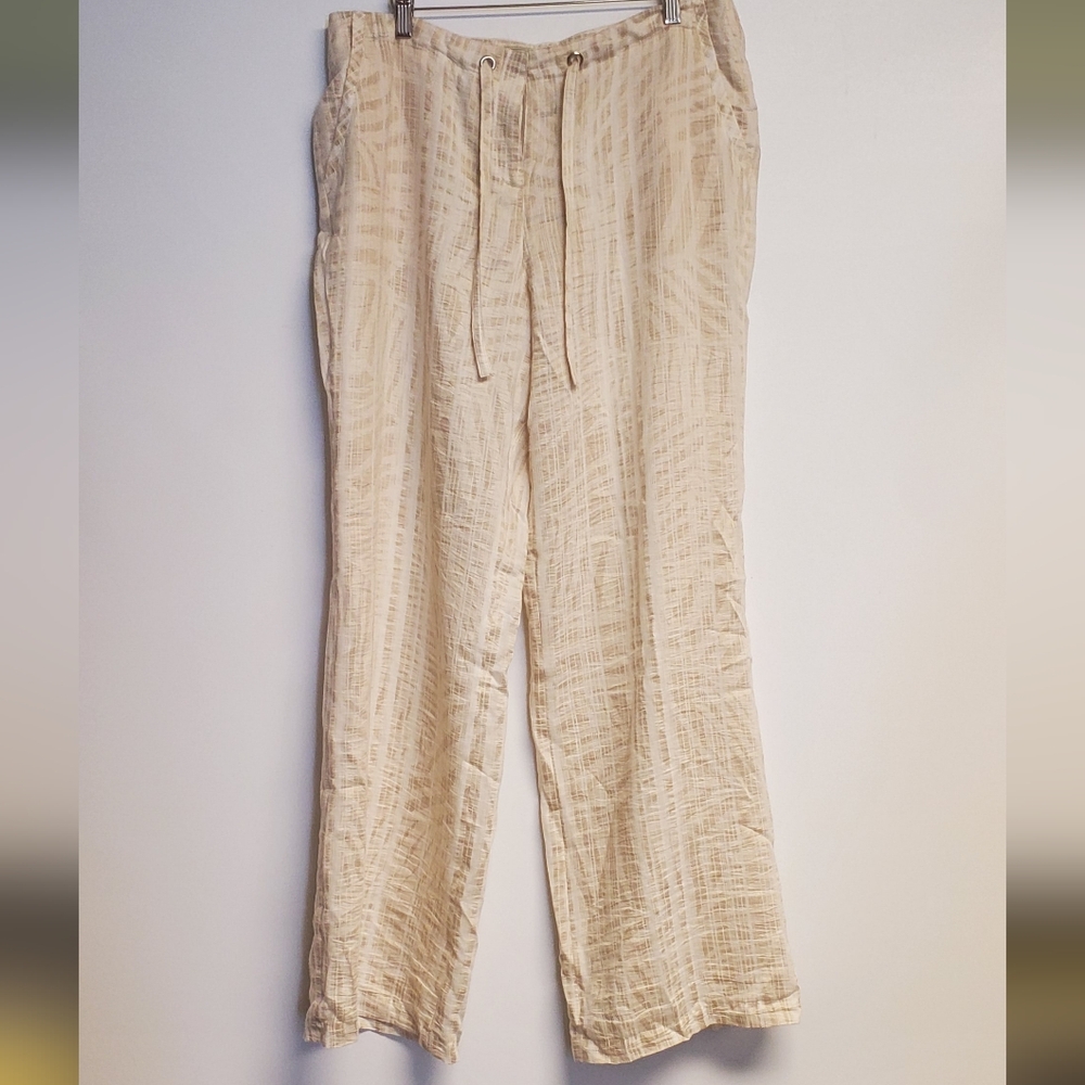 Vintage 1980's Blue Ice Gold Leaf Print Linen Blend Wide Leg Pants 16